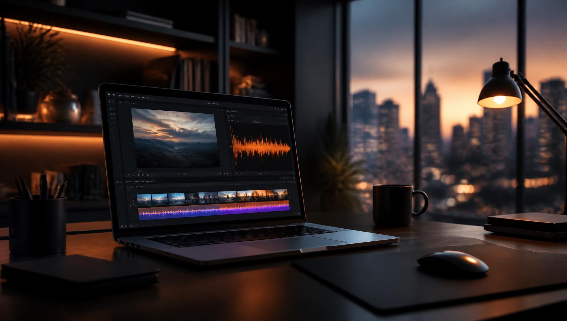 Workspace moderno com laptop exibindo edição de vídeo e ondas de áudio em ambiente iluminado por luz ember